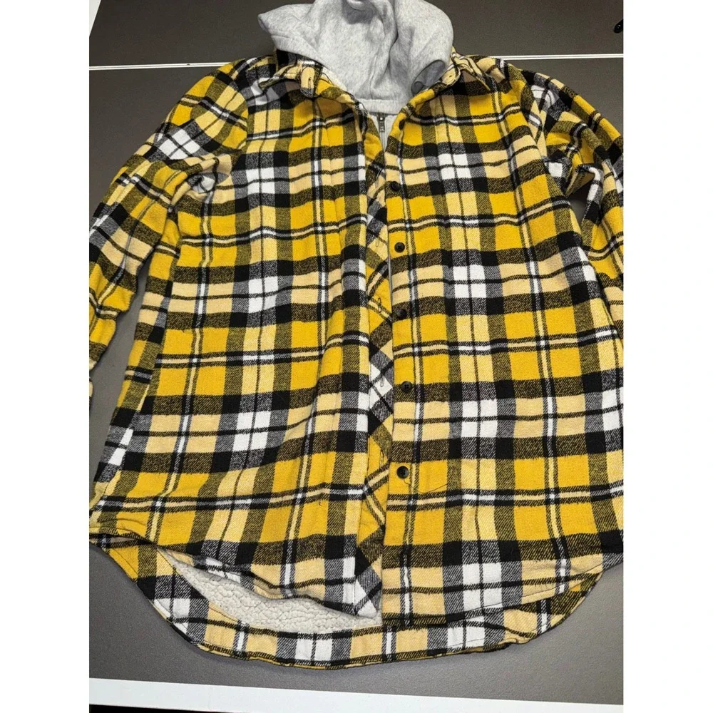Yellow Plaid Sherpa Lined Hooded Flannel Jacket Zip Up Layered Hoodie Shirt
